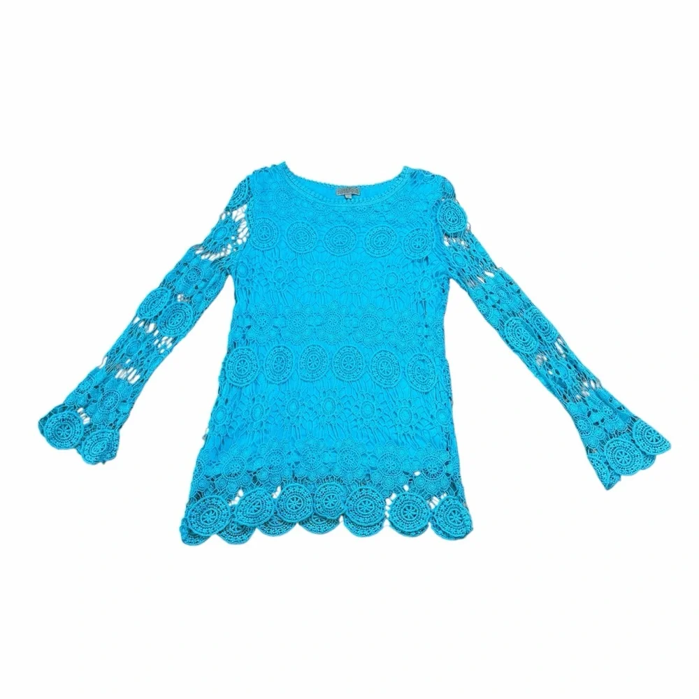 Joseph A. Electric Blue Floral Open Crochet Long Sleeve Blouse - Size Medium